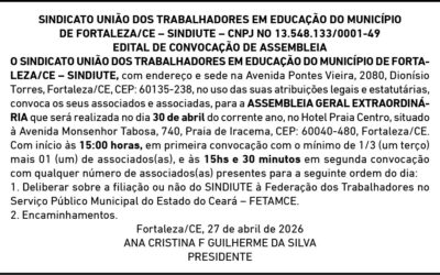 SINDIUTE convoca Assembleia Geral Extraordinária para o dia 30 de abril